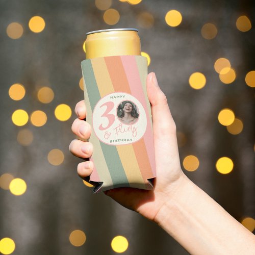 Thirty and Flirty Boho Pink Photo Birthday Party Seltzer Can Cooler