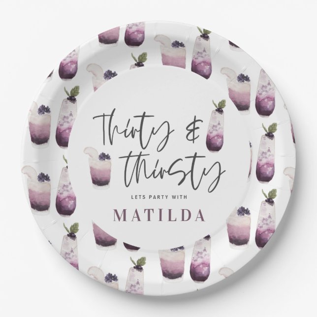 Thirty and thirsty 30th birthday party paper plates (Front)