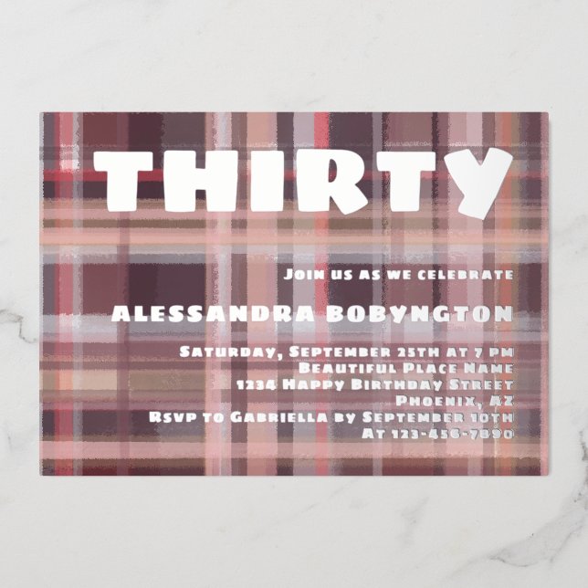 Thirty birthday blush pink red burgundy stripes  foil invitation (Front)