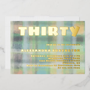 Thirty birthday celebration pastel green gray gold foil invitation