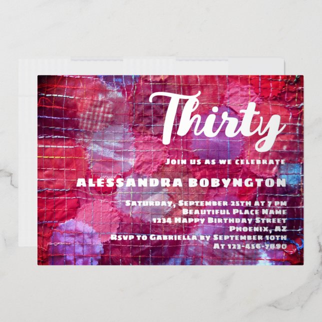 Thirty birthday celebration pink red purple bright foil invitation (Envelope)