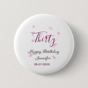 Thirty birthday pink glitter stars black 30th date button
