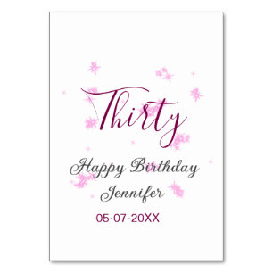 Thirty birthday pink glitter stars black 30th date table number