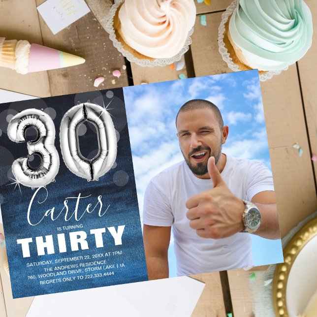 Thirty Birthday Silver Balloon | Blue Photo Party Invitation (Creator Uploaded)