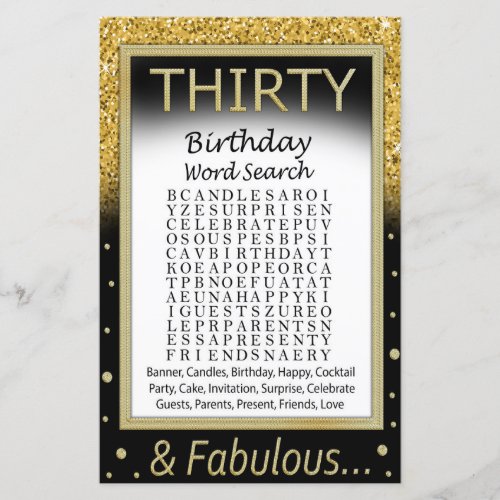 Thirty Birthday Word Search Game