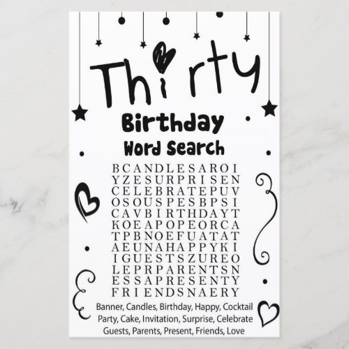 Thirty Birthday word search game