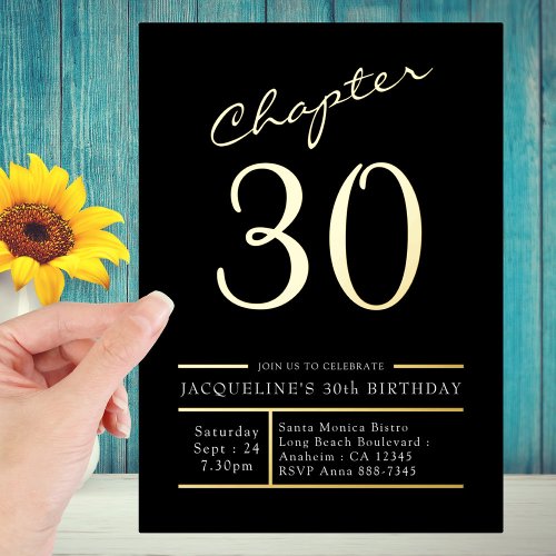 Thirty Black Gold 30th Birthday Party Gold Foil Invitation