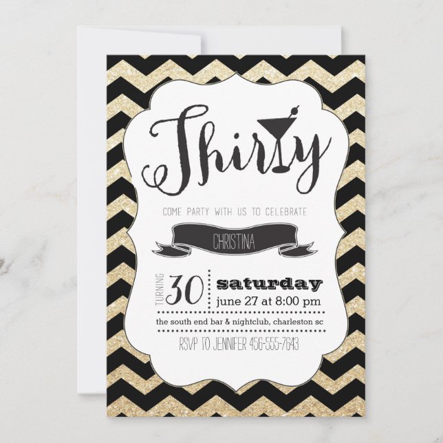 Thirty Black & Gold Chevron Birthday Invite (Front)