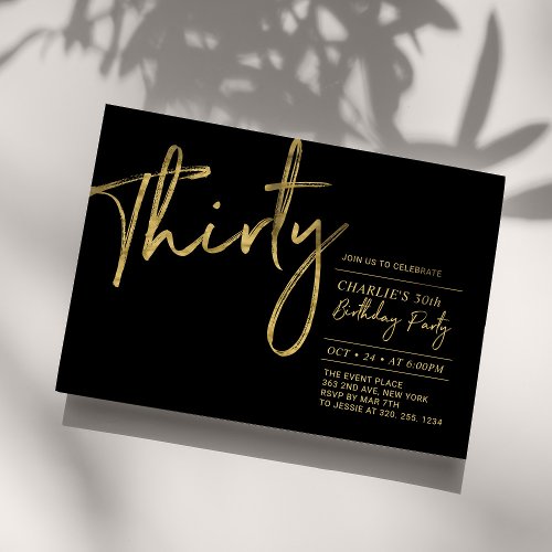 Thirty  Black  Gold Modern 30th Birthday Party   Invitation