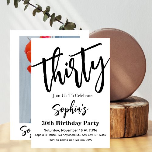 Thirty Black  White Modern 30th Birthday Party  Invitation