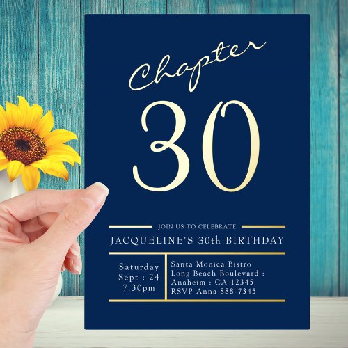 Thirty Blue Gold 30th Birthday Party Gold Foil Invitation