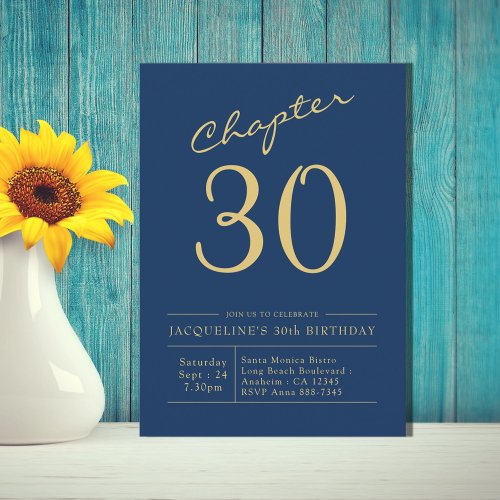Thirty Blue Gold 30th Birthday Party Invitation