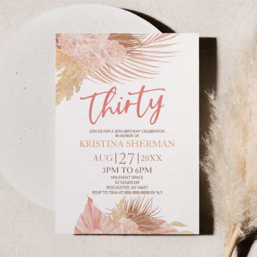 Thirty Boho Pink Floral Flower 30th Birthday Party Invitation