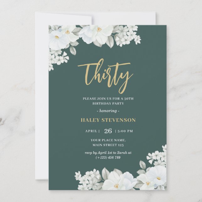 Thirty Emerald Green & Gold White Floral Birthday Invitation (Front)