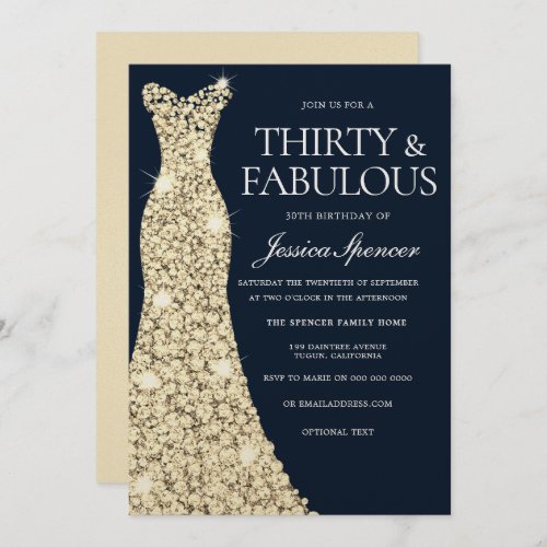 Thirty  Fabulous Gold Dress Gown 30th Birthday Invitation