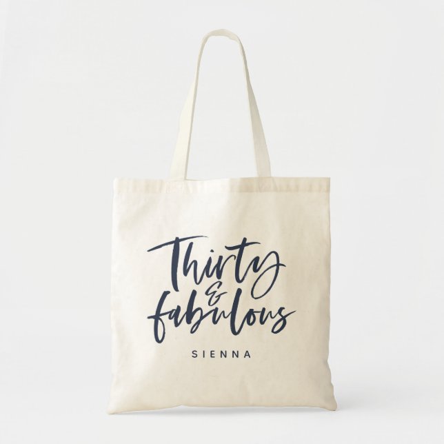 Thirty & fabulous navy script text tote bag (Front)