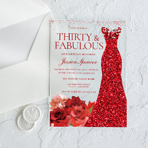Thirty & Fabulous! Red Dress 30th Birthday Party Acrylic Invitations
