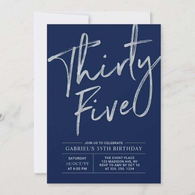 Thirty Five | Silver & Navy 35th Birthday Party Invitation (Front)