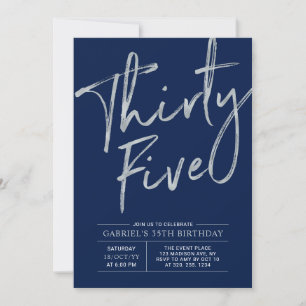 Thirty Five Silver & Navy 35th Birthday Party Invitation