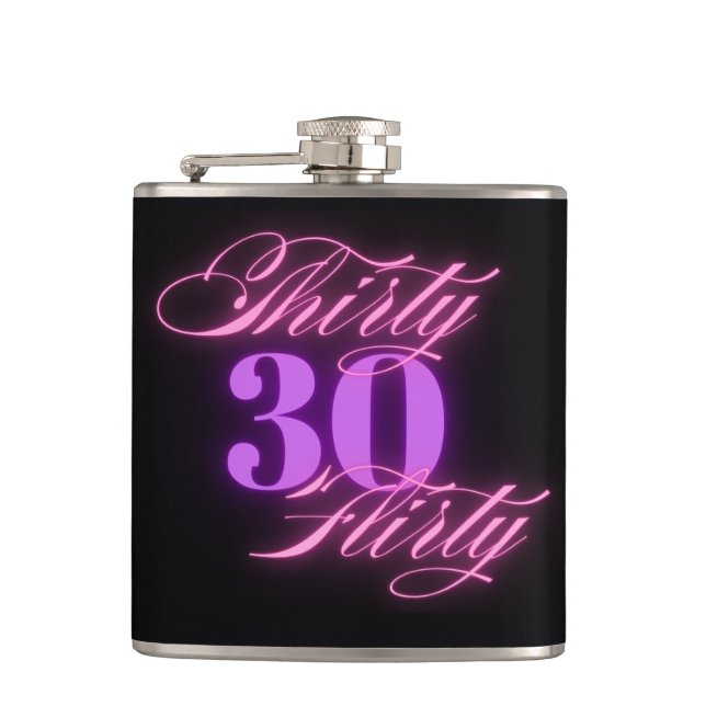 thirty flirty ,30th birthday neon pink black girly flask (Front)