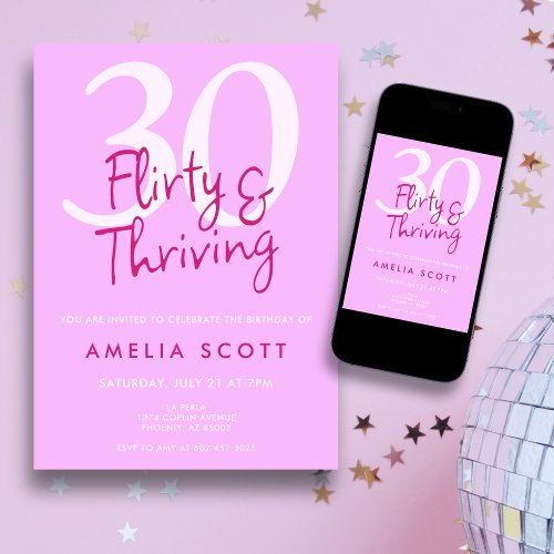 Thirty Flirty Thriving Modern Pink 30th Birthday Invitation