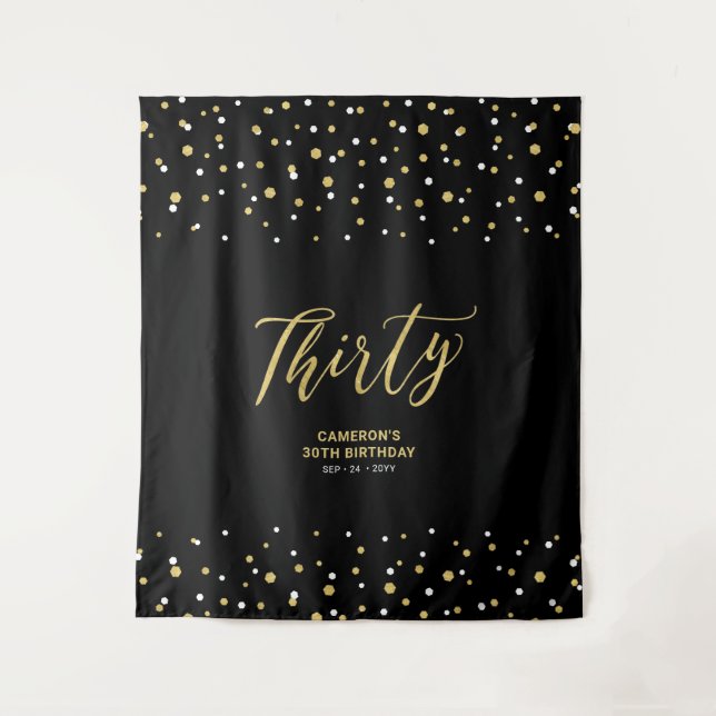 Thirty | Gold & Black 30th Birthday Party Backdrop (Front)