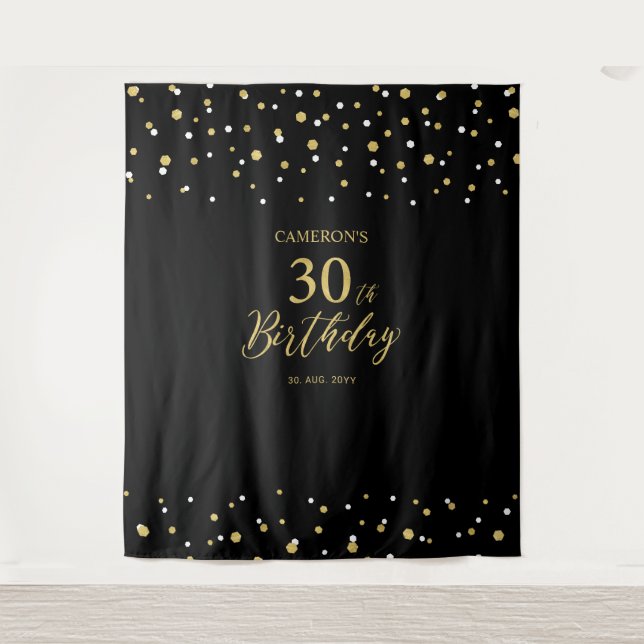 Thirty | Gold & Black 30th Birthday Party Backdrop (Front)