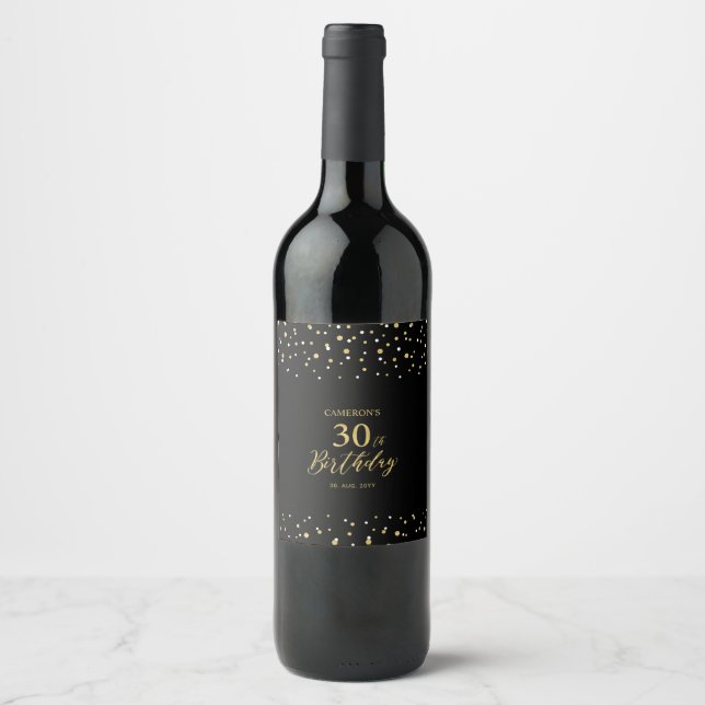 Thirty | Gold & Black Confetti 30th Birthday Party Wine Label (Front)