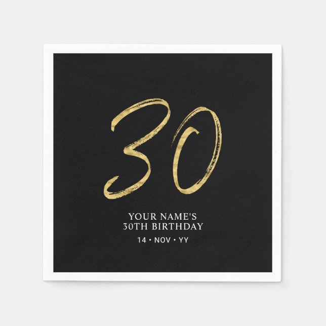 Thirty | Gold & Black Lettering 30th Birthday Napkins (Front)