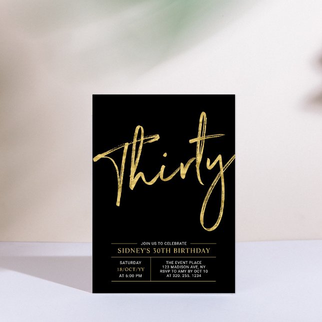 Thirty | Gold & Black Modern 30th Birthday Party Invitation (Creator Uploaded)
