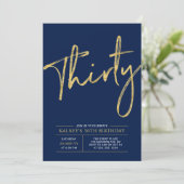 Thirty | Gold & Blue Modern 30th Birthday Party Invitation (Standing Front)