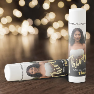 Thirty gold colored script photo birthday favor lip balm