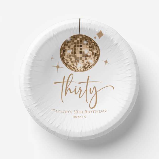 Thirty Gold Disco Ball 30th Birthday Party Paper Bowls (Front)