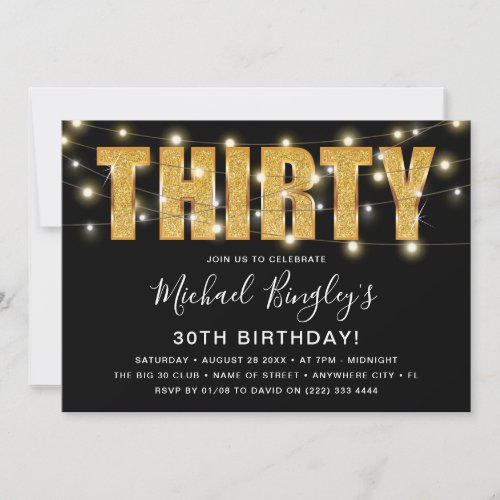 THIRTY Gold Glitter Typography 30th Birthday Invitation