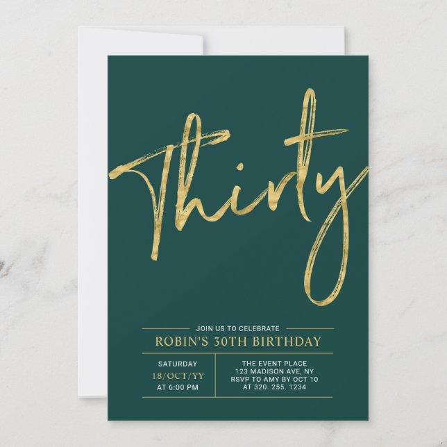 Thirty | Gold & Green Modern 30th Birthday Party Invitation (Front)