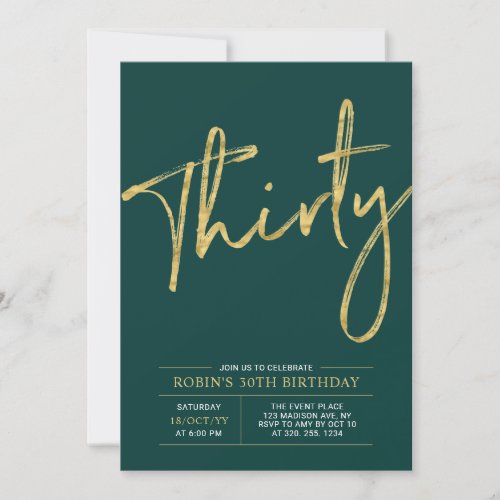 Thirty  Gold  Green Modern 30th Birthday Party Invitation