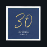 Thirty | Gold & Navy Blue Lettering 30th Birthday Napkins<br><div class="desc">This simple custom napkin will add stylish details to your 30th birthday party. This design features gold chic lettering "30" with custom text on a navy blue background. Matching invitations and party supplies are available in my shop BaraBomDesign.</div>