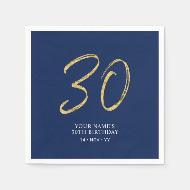 Thirty | Gold & Navy Blue Lettering 30th Birthday Napkins (Front)