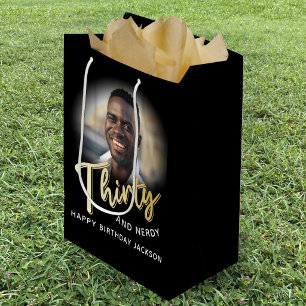 Thirty gold script and custom photo 30th birthday medium gift bag