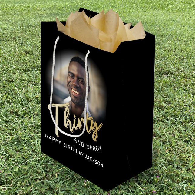 Thirty gold script and custom photo 30th birthday medium gift bag (Creator Uploaded)