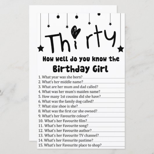Thirty How well do you know the birthday girl (Front/Back)