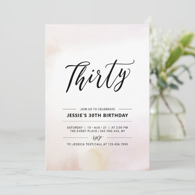 Thirty | Minimal 30th Birthday Party Watercolor Invitation (Standing Front)