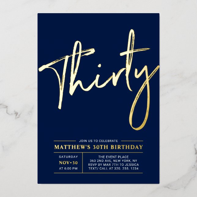 Thirty | Modern Gold 30th Birthday Party Foil Invi Foil Invitation (Front)