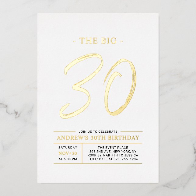 Thirty | Modern Gold Big 30th Birthday Party Foil Invitation (Front)