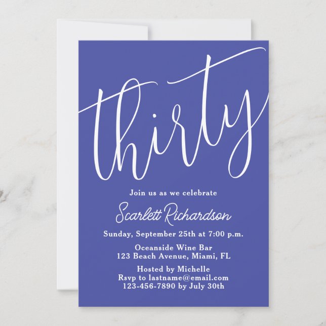 Thirty Modern Script Lavender 30th Birthday Party Invitation (Front)