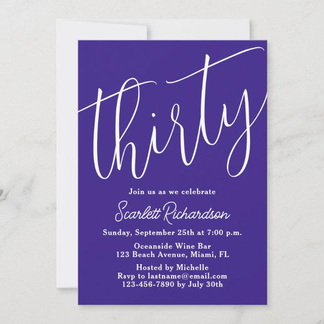 Thirty Modern Script Purple 30th Birthday Party Invitation (Front)
