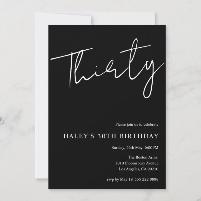 Thirty Modern Simple Black 30th Birthday Invitation (Front)
