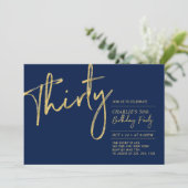 Thirty | Navy & Gold Modern 30th Birthday Party Invitation (Standing Front)