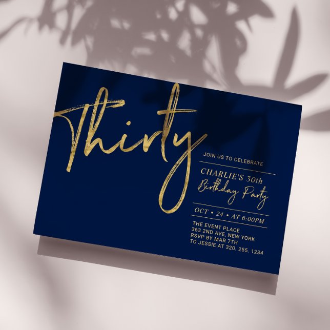 Thirty | Navy & Gold Modern 30th Birthday Party Invitation