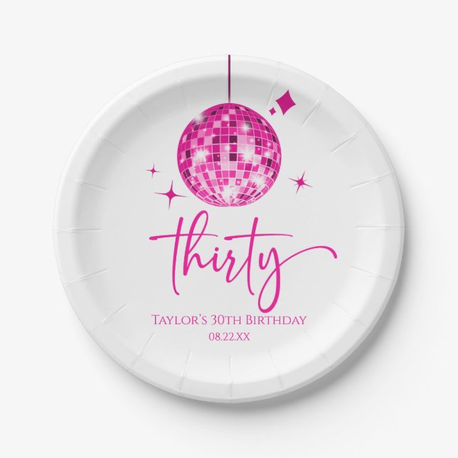 Thirty Pink Disco Ball 30th Birthday Party Paper Plates (Front)
